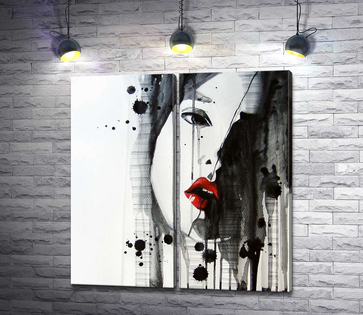 модульная картина Красные губы пылают на черно-белом портрете девушки