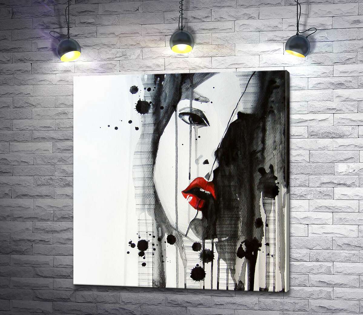 картина Красные губы пылают на черно-белом портрете девушки