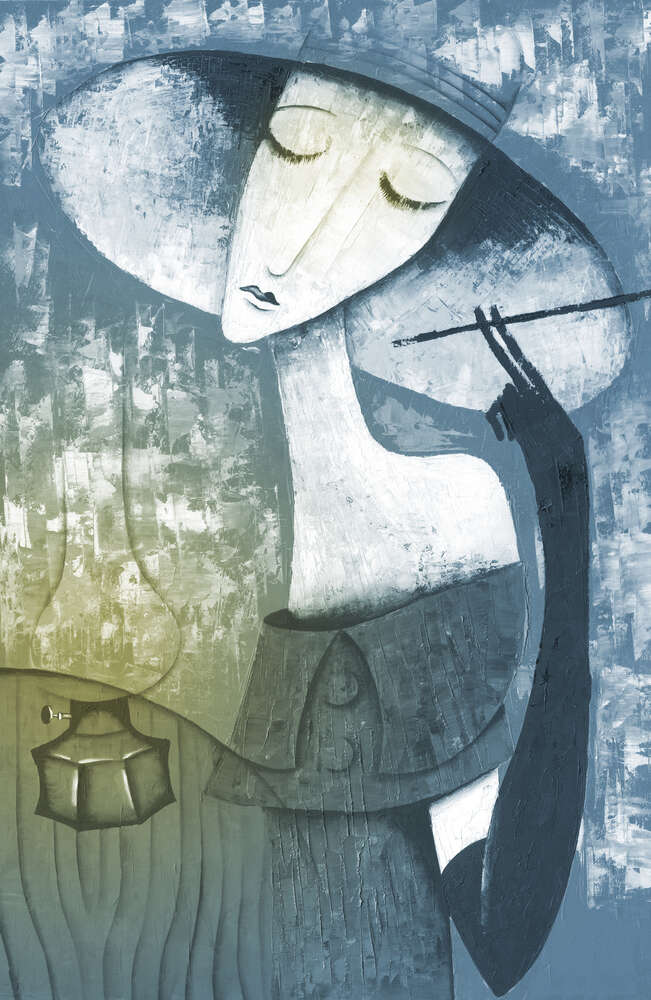картина-постер Женщина в шляпе курит рядом с керосиновой лампой