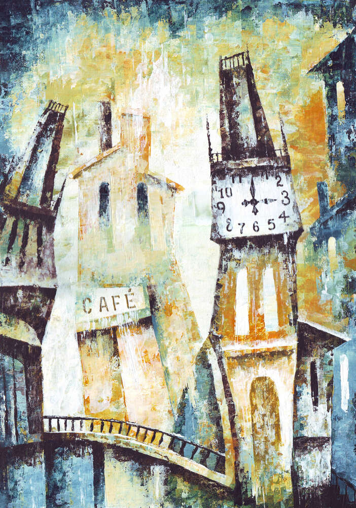 картина-постер Кафе на улице старого города рядом с башнями