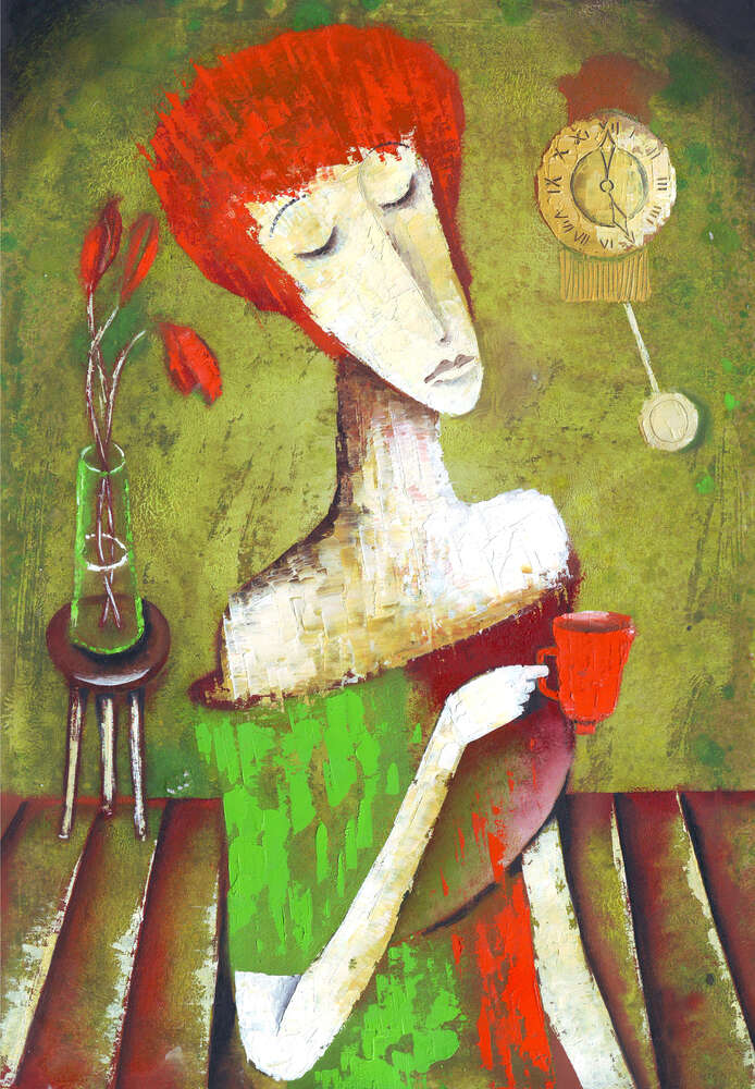 картина-постер Рудоволоса жінка в зеленій сукні за чашкою кави