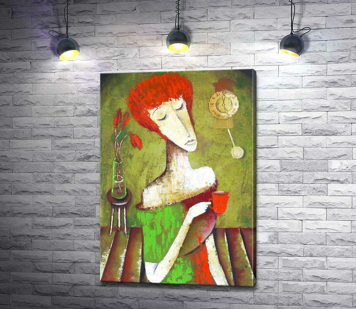 картина Рыжеволосая женщина в зеленом платье за чашкой кофе
