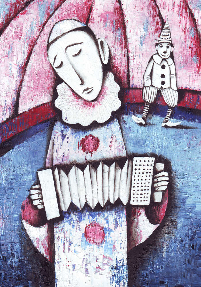 картина-постер Грустный Пьеро играет на гармошке в цирке