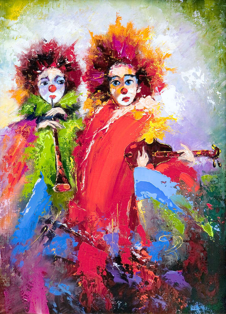 картина-постер Кудрявые клоуны играют на трубе и скрипке