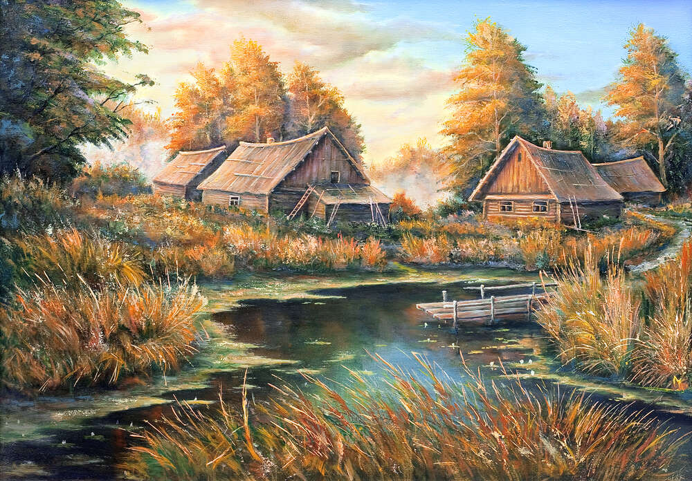 картина-постер Деревянные дома на берегу озера