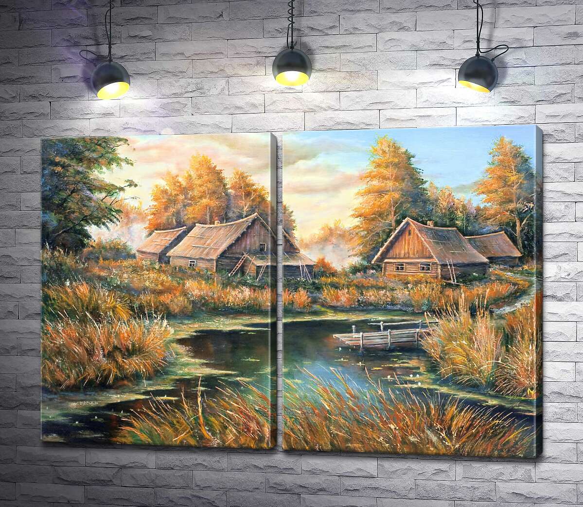 модульная картина Деревянные дома на берегу озера