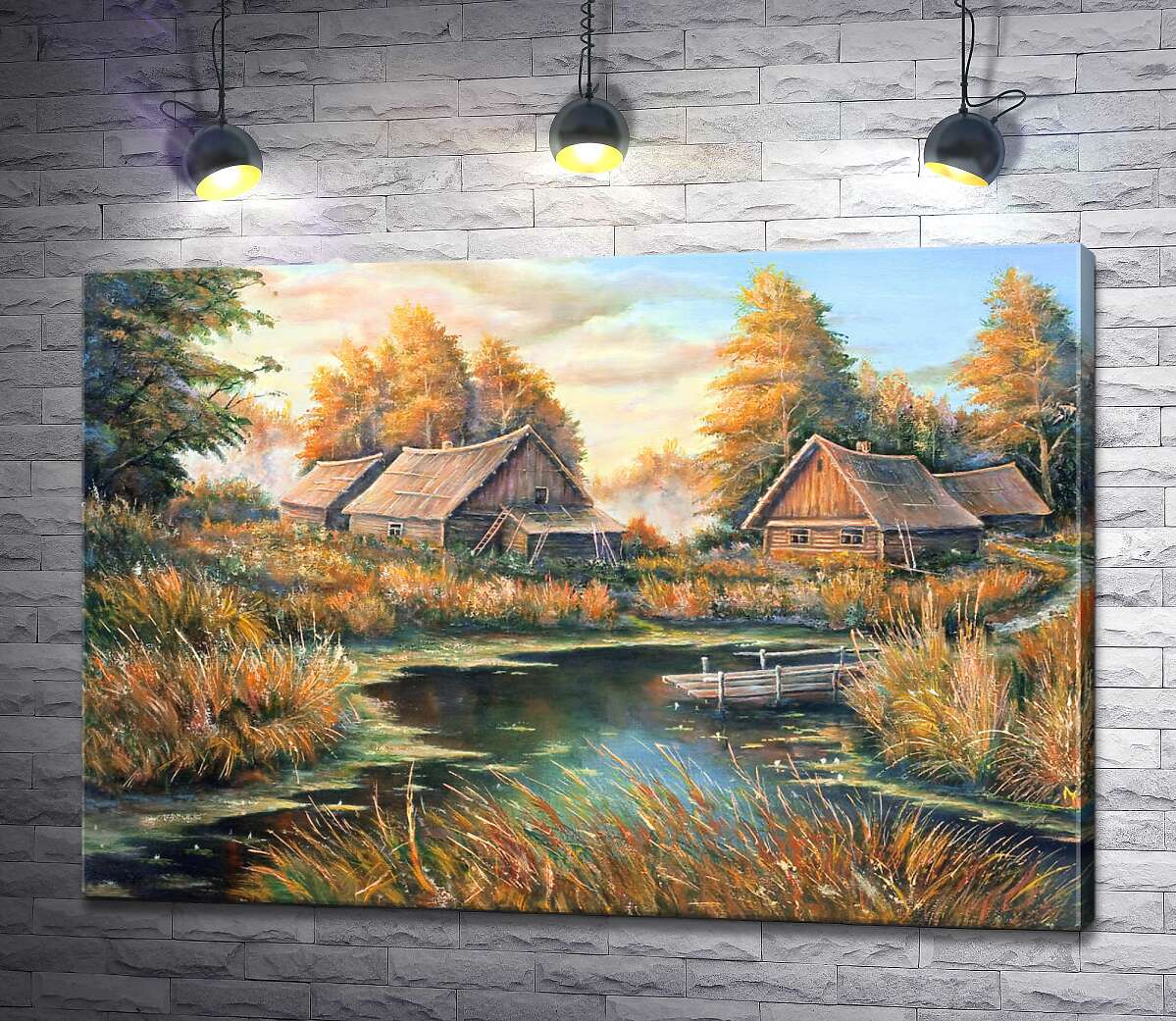 картина Деревянные дома на берегу озера