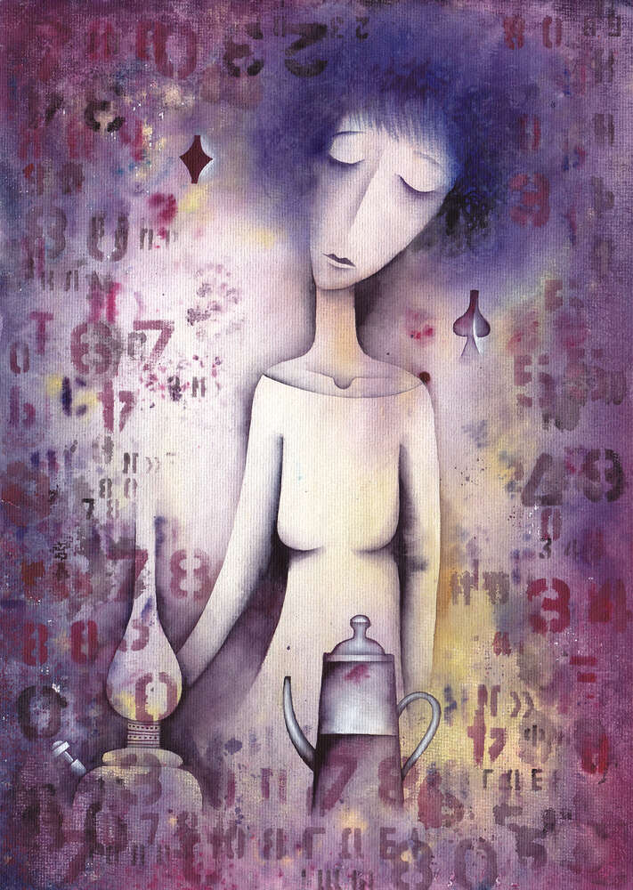 картина-постер Силует жінки біля столу в рамці з літер та цифр