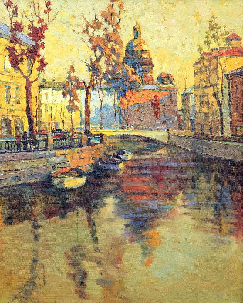 картина-постер Вид на силуэт собора за водами реки в Санкт-Петербурге
