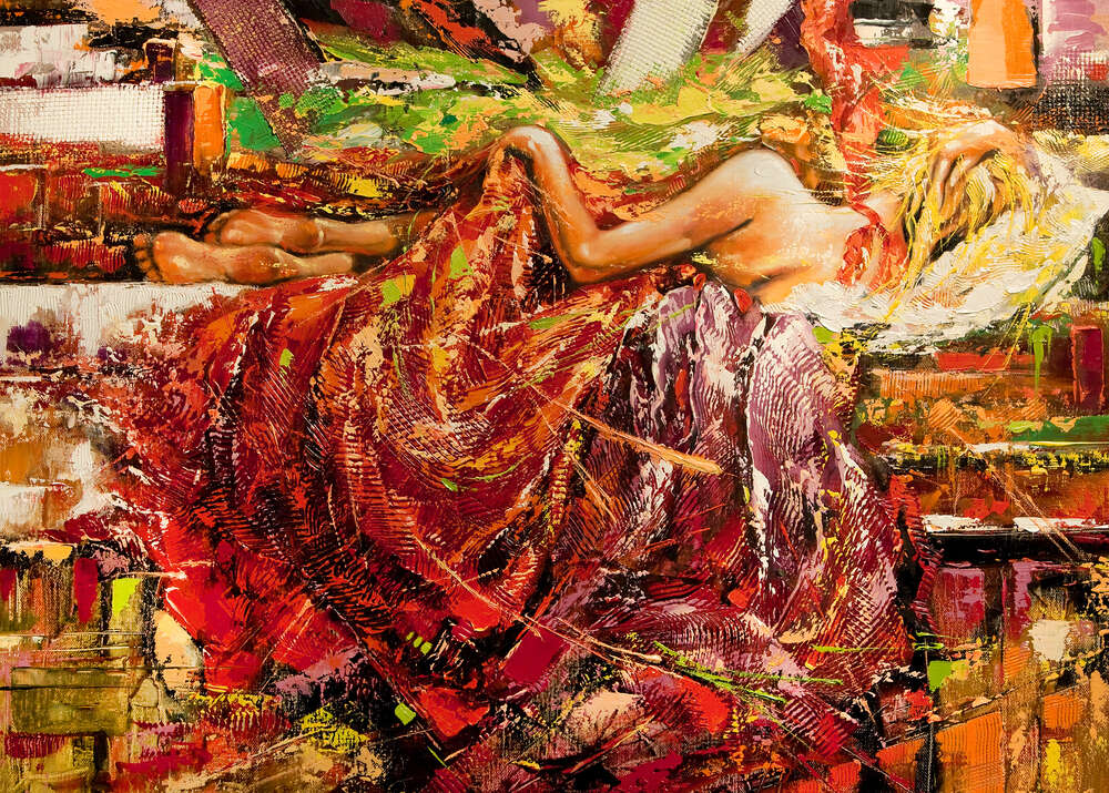 картина-постер Обнаженное тело спящей девушки прикрывает красное покрывало