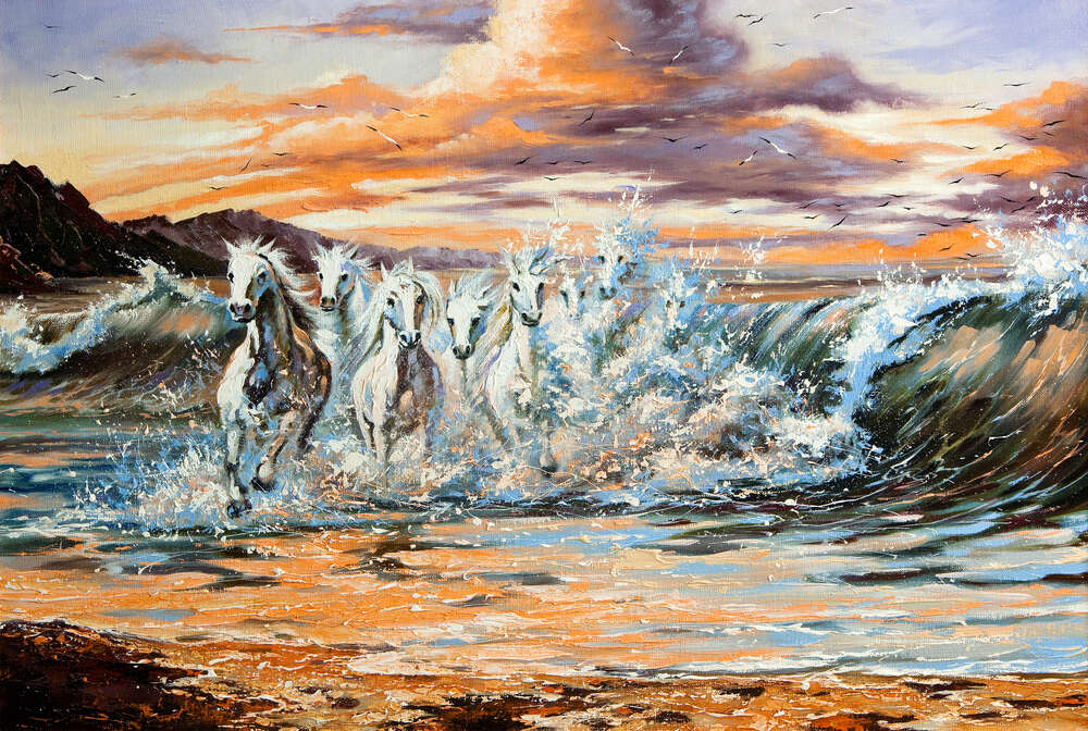 картина-постер Белогривые кони выныривают из пенистых волн