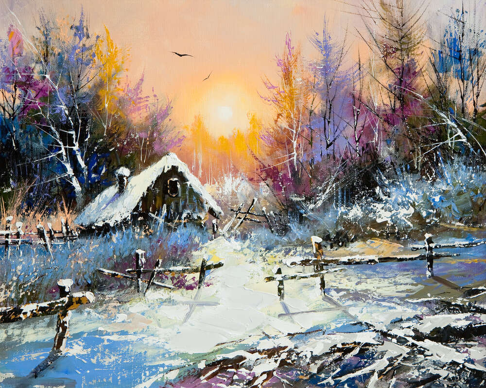 картина-постер Старая хижина, засыпанная снегом, в гуще леса