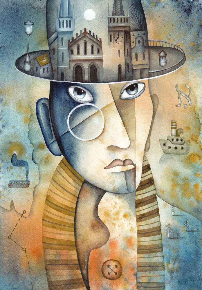 картина-постер Місто на капелюсі у чоловіка