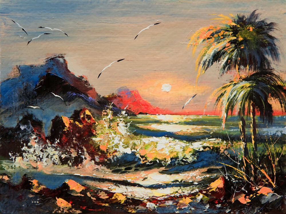 картина-постер Волны бьются о скалистый берег тропического острова