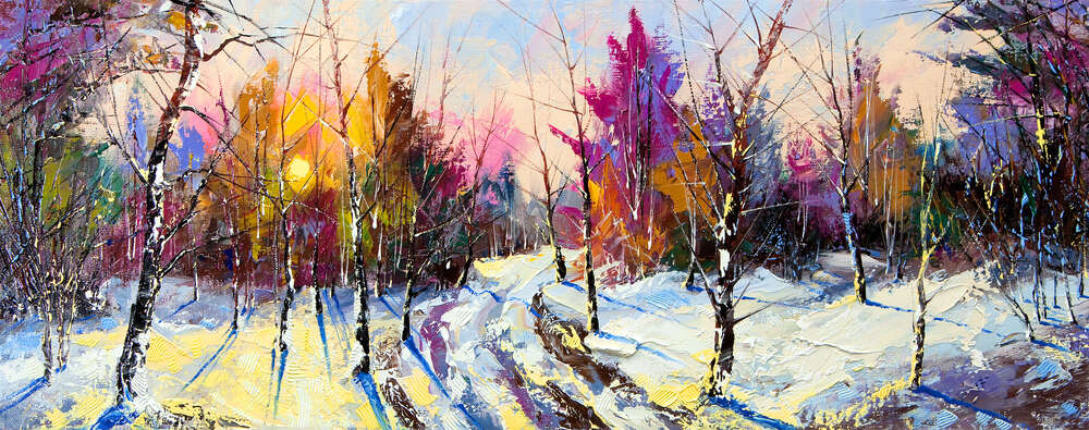 картина-постер Зимнее солнце бросает лучи на заснеженные деревья