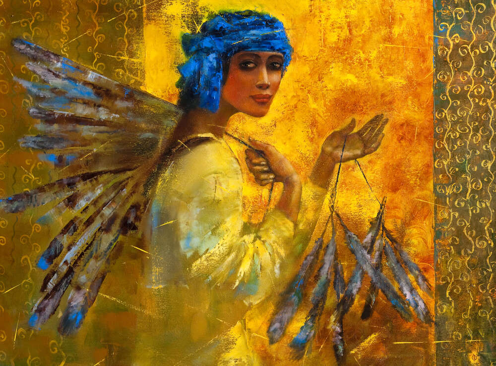 картина-постер Человек в синем тюрбане несет перья в руках
