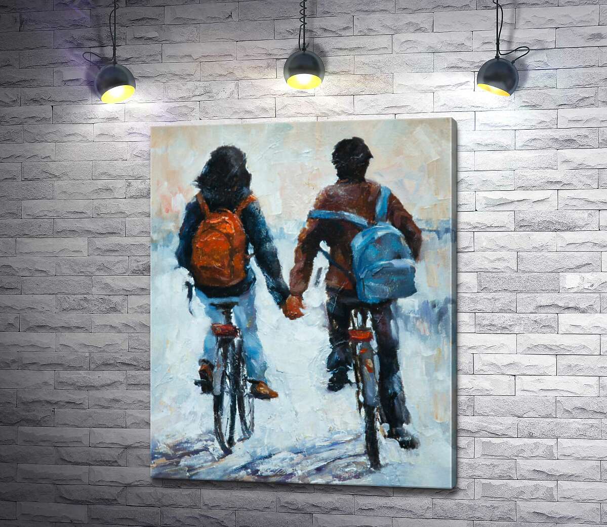 картина Влюбленные едут на велосипедах, держась за руки