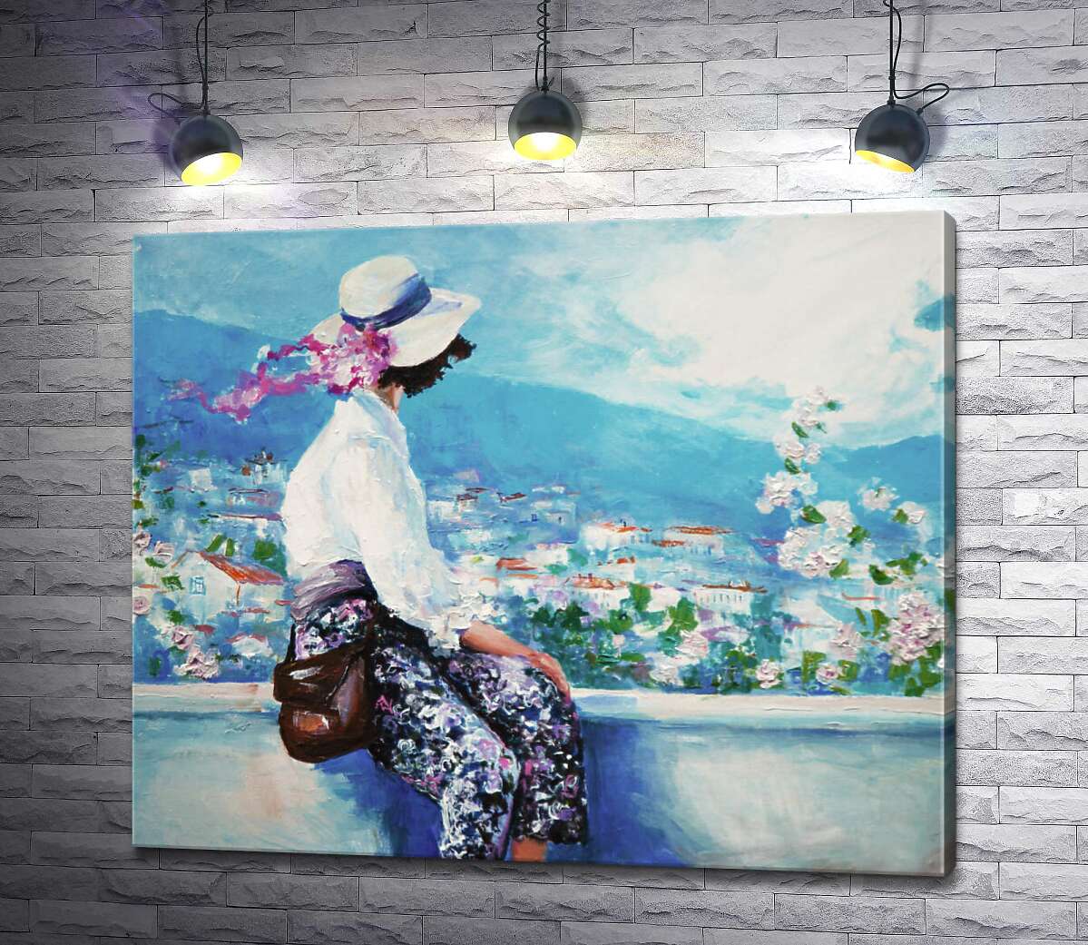 картина Девушка смотрит на живописные склоны цветущего города