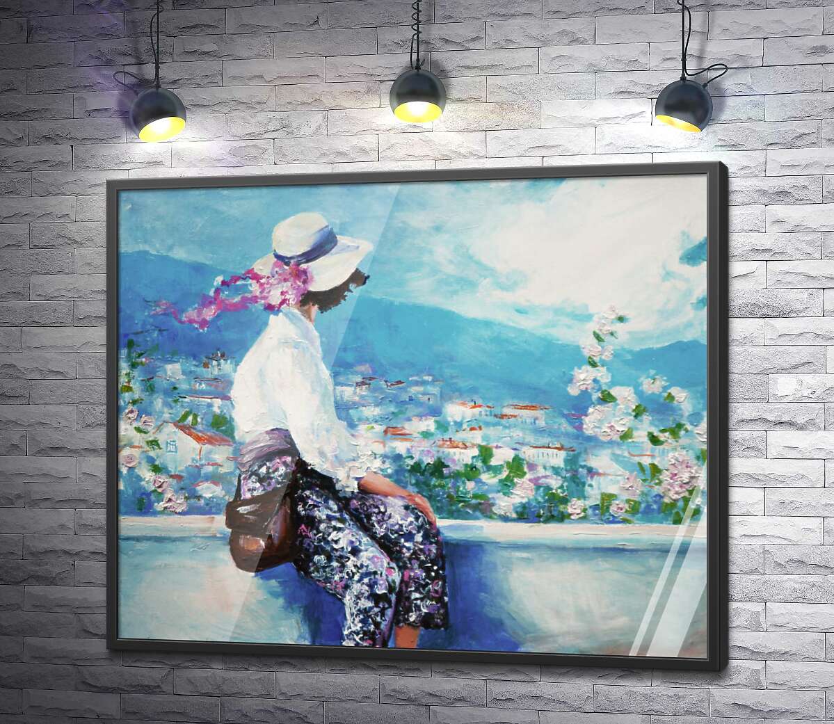 постер Девушка смотрит на живописные склоны цветущего города