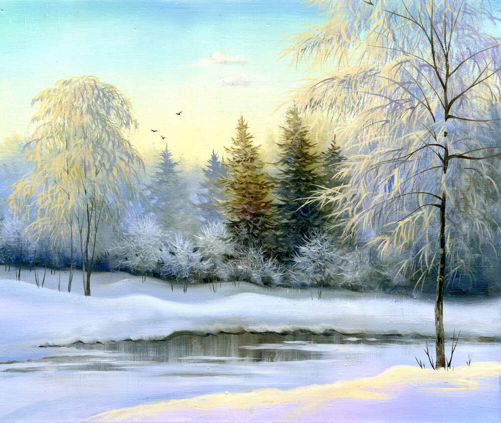 картина-постер Лесной ручей припавший снегом
