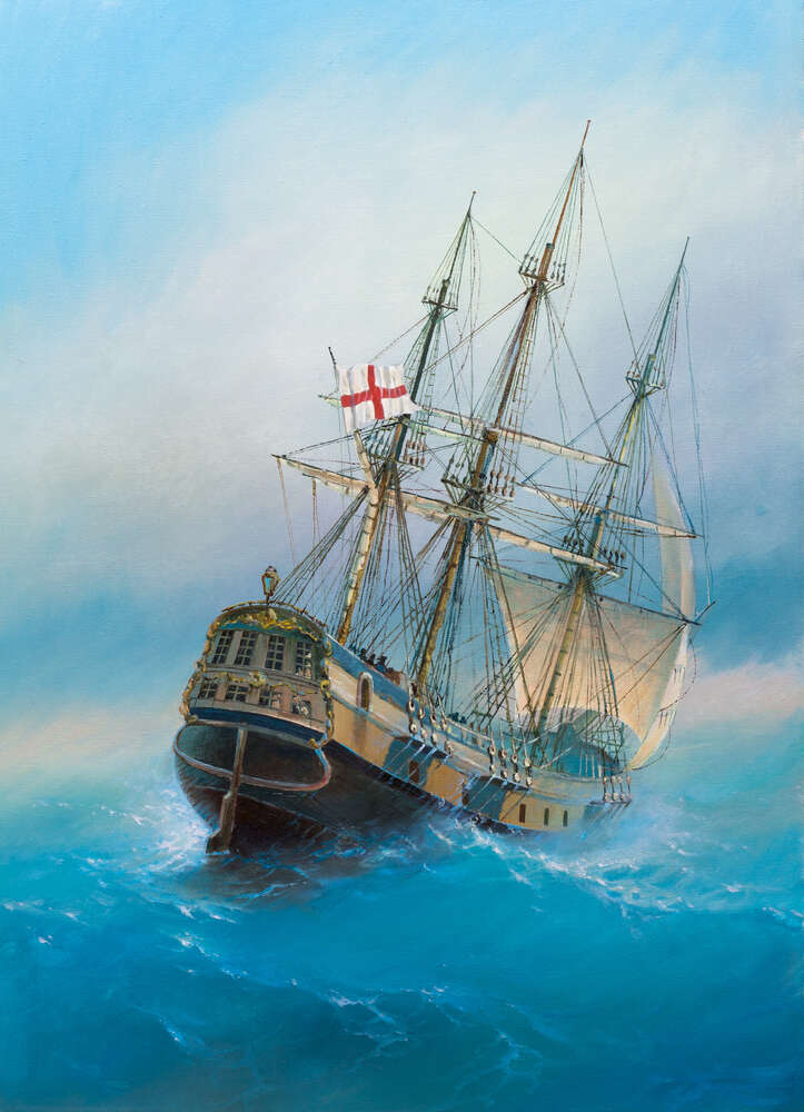 картина-постер Английский корабль плывет по голубизне морской воды