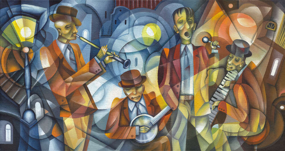картина-постер Абстрактні силуети музикантів розчиняються на фоні вулиці