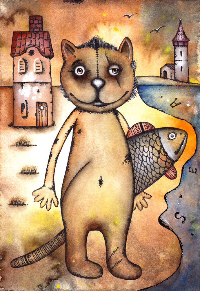 картина-постер Рыжий кот с рыбой в лапе стоит на берегу моря