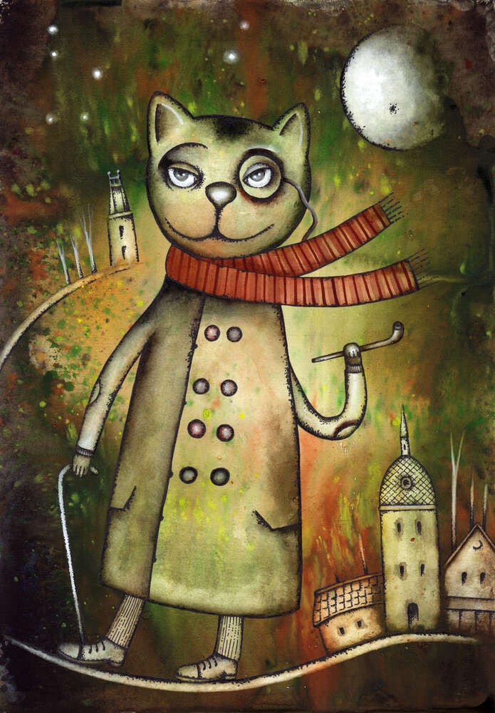картина-постер Почтенный кот гуляет по улице ночного города