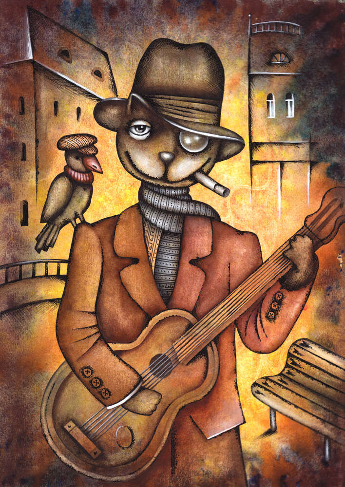 картина-постер Кот с вороной на плечи играет на гитаре