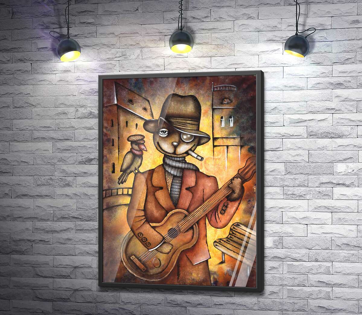 постер Кот с вороной на плечи играет на гитаре