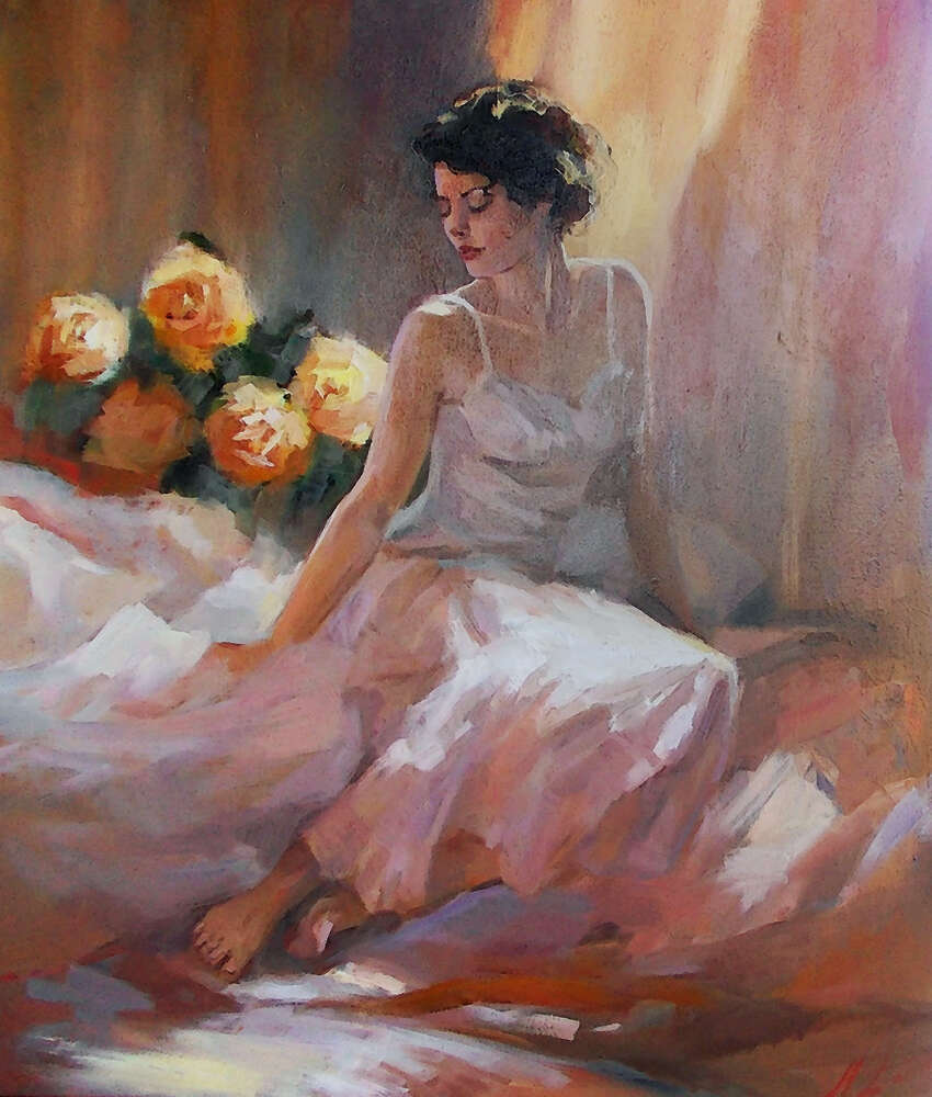 картина-постер Нежный силуэт девушки в белом шелковом платье рядом с букетом роз