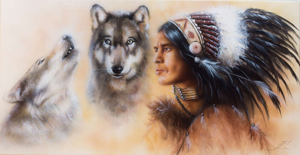 картина-постер Профиль индейца с тотемными волками