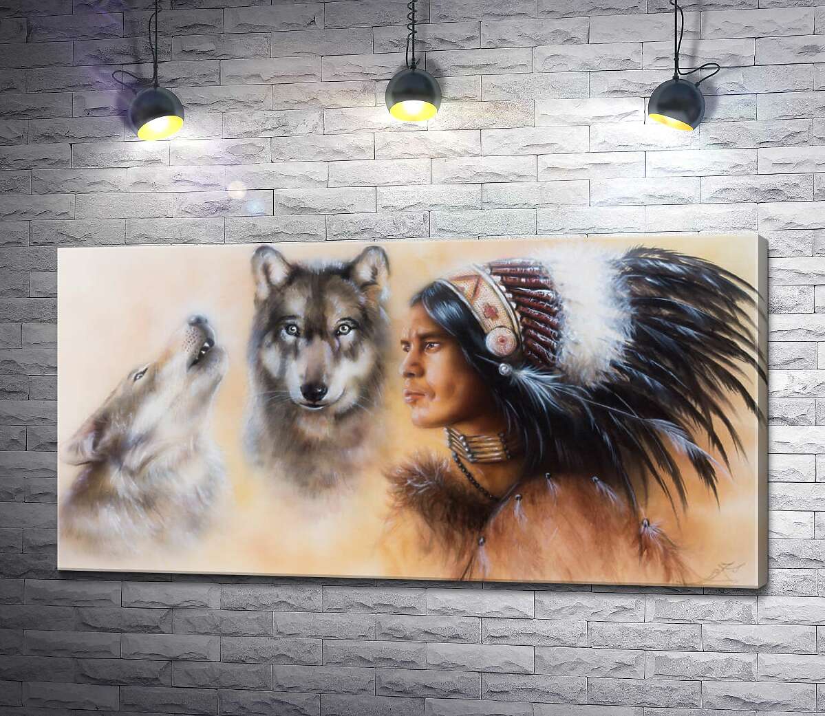 картина Профиль индейца с тотемными волками