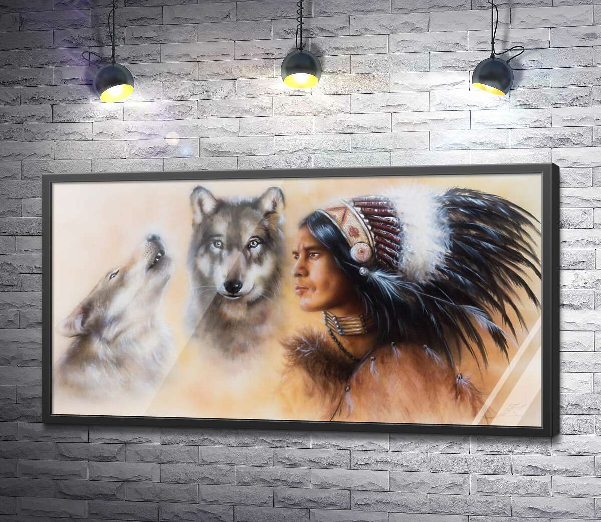 постер Профіль індіанця з тотемними вовками