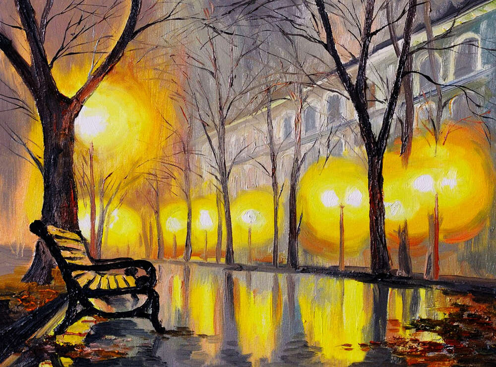 картина-постер Желтый свет фонарей отражается в мокрой дорожке осеннего парка