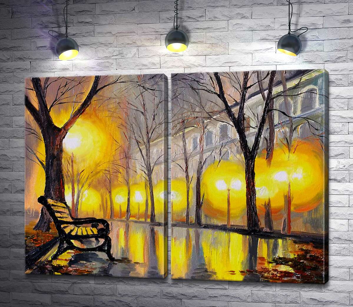 модульна картина Жовте світло ліхтарів відбивається у мокрій доріжці осіннього парку
