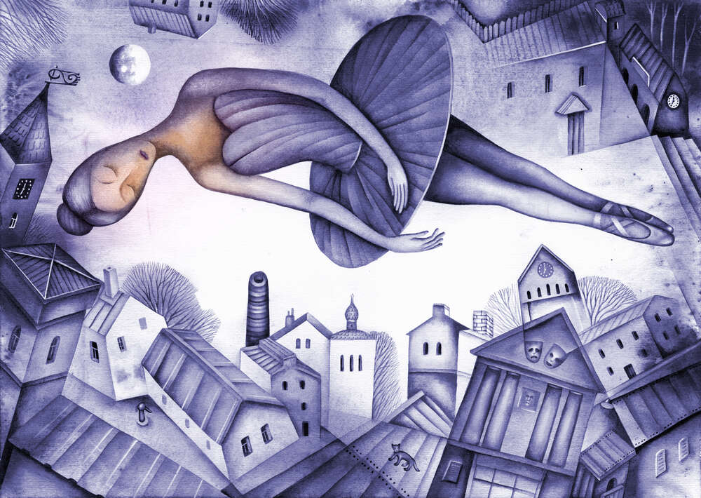 картина-постер Легкая балерина летит над крышами ночного города