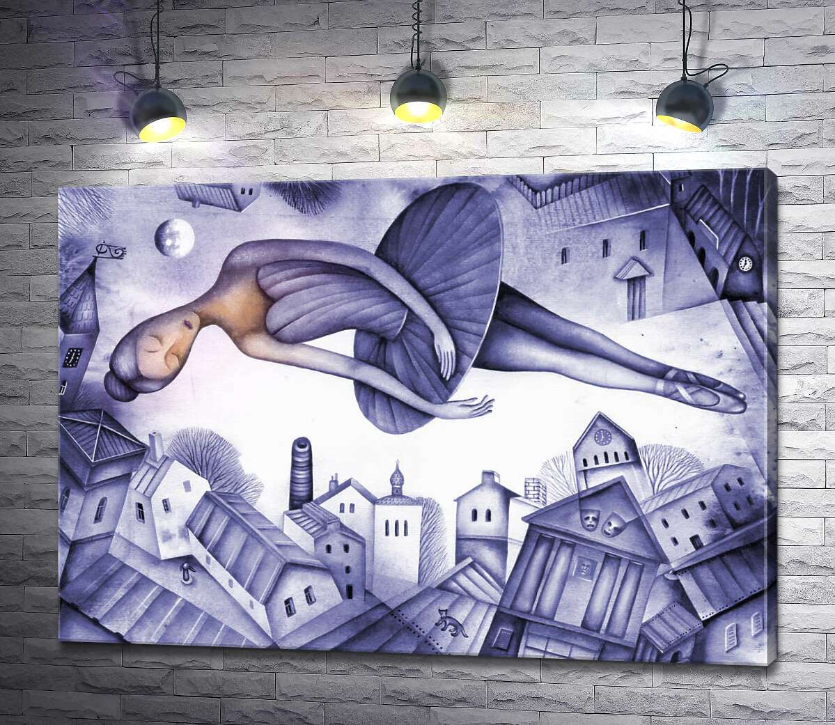 картина Легкая балерина летит над крышами ночного города