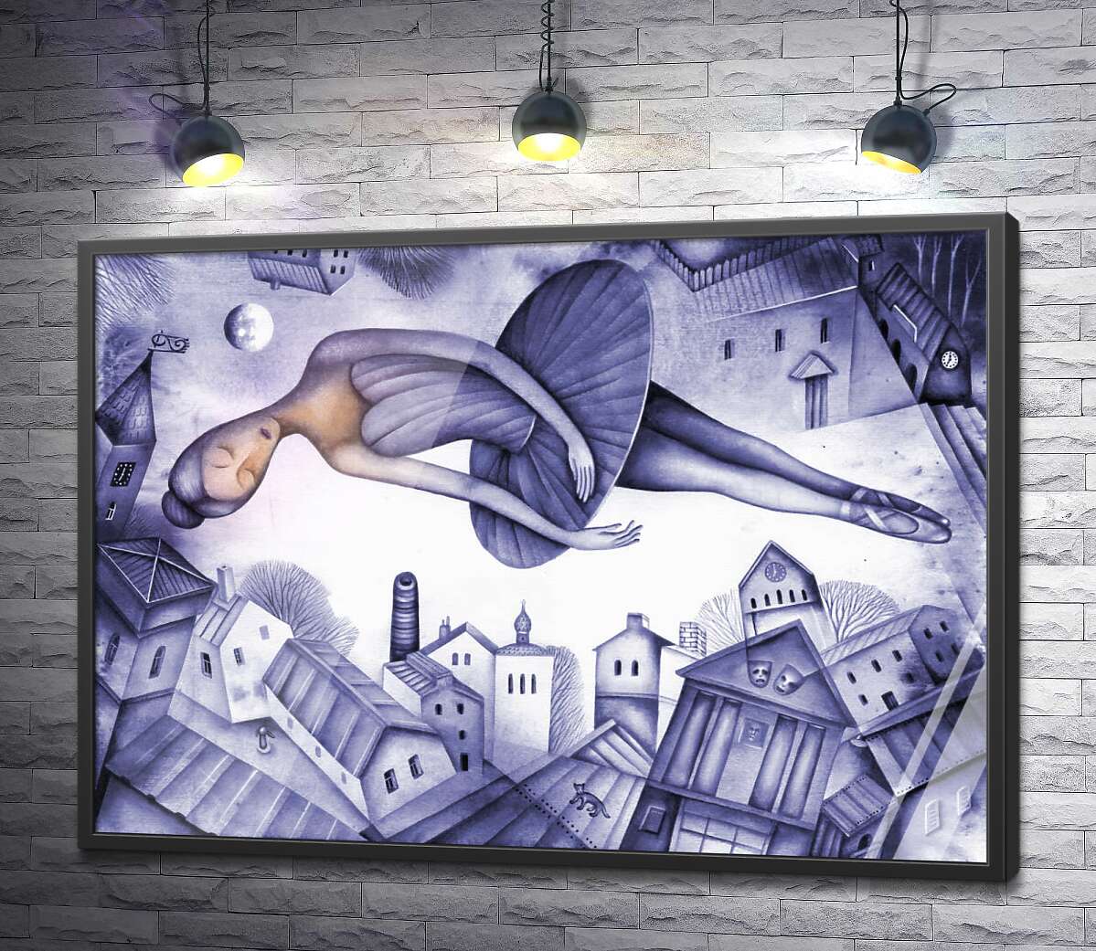 постер Легкая балерина летит над крышами ночного города