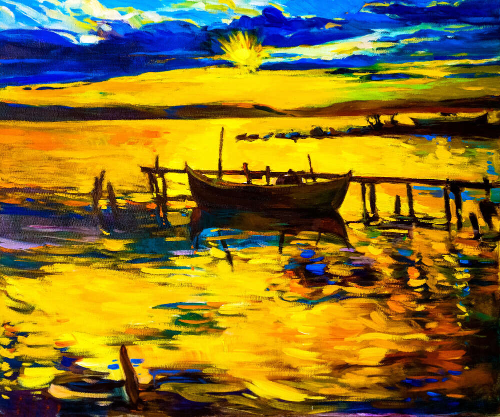 картина-постер Лучи вечернего солнца заливают золотом воды реки
