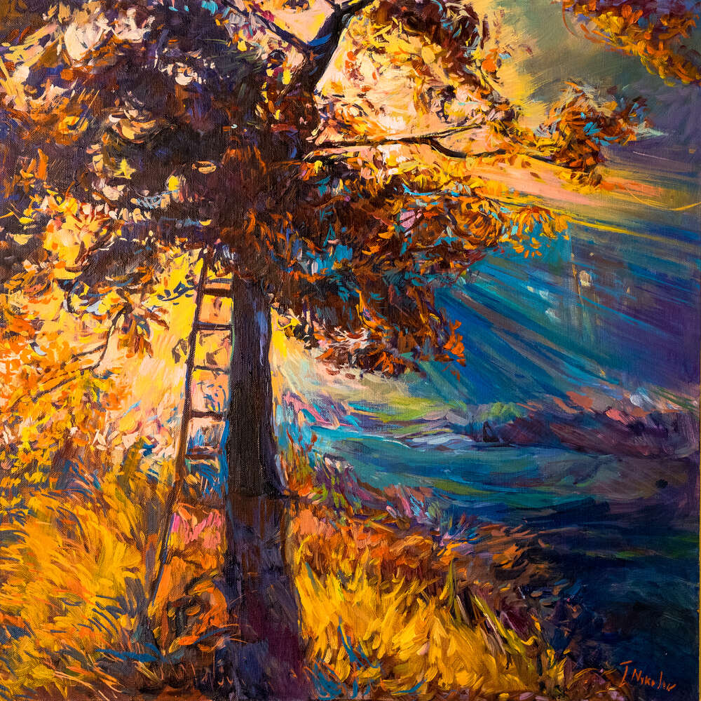 картина-постер Яркие солнечные лучи пробиваются сквозь густую крону дерева