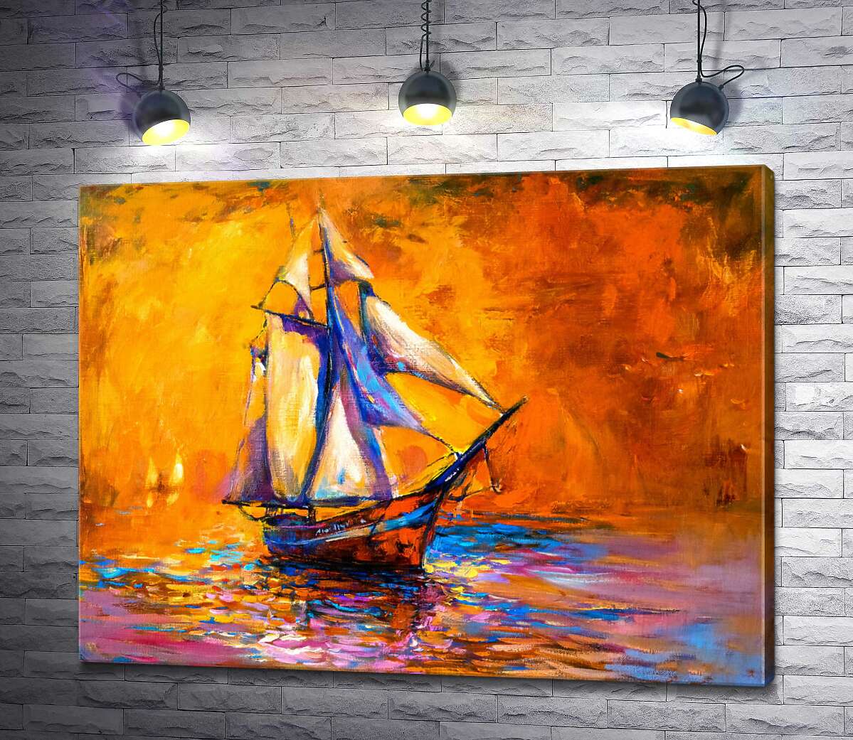 картина Одинокий корабль плывет по воде на фоне горящего желтого неба