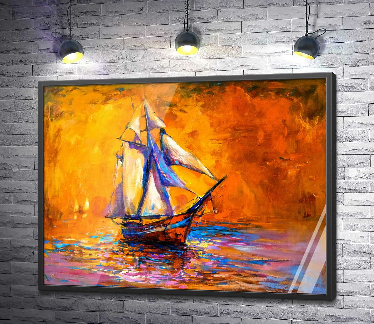 постер Одинокий корабль плывет по воде на фоне горящего желтого неба