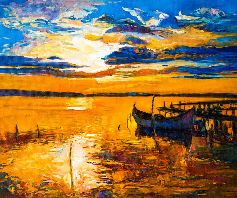 картина-постер Желтое вечернее небо отражается в спокойных водах реки