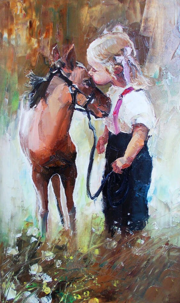 картина-постер Маленькая девочка нежно целует пони