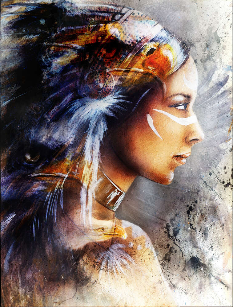 картина-постер Тотемный орел виднеется в профиле индианки
