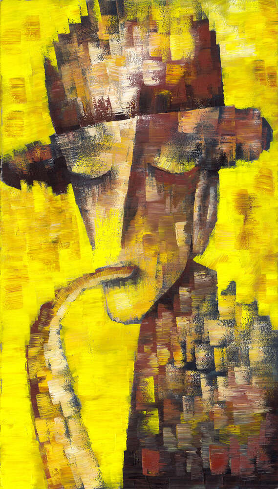 картина-постер Силуэт саксофониста на золотом фоне