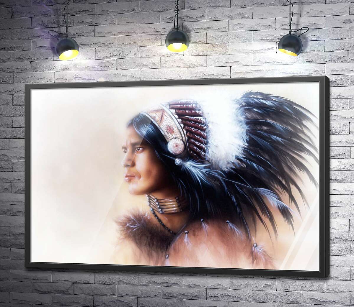постер Индеец в венке из перьев смело смотрит вперед