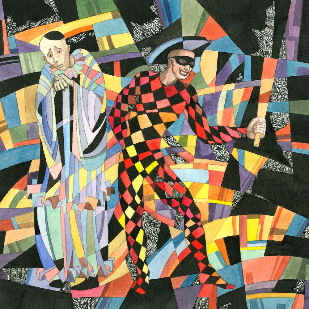 картина-постер Геометрія силуетів веселого Арлекіна та сумного П'єро