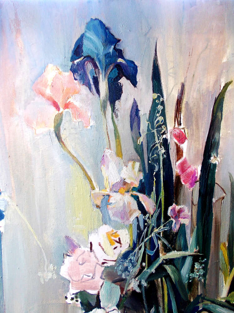 картина-постер Стрункі квіти ірисів у строкатому букеті